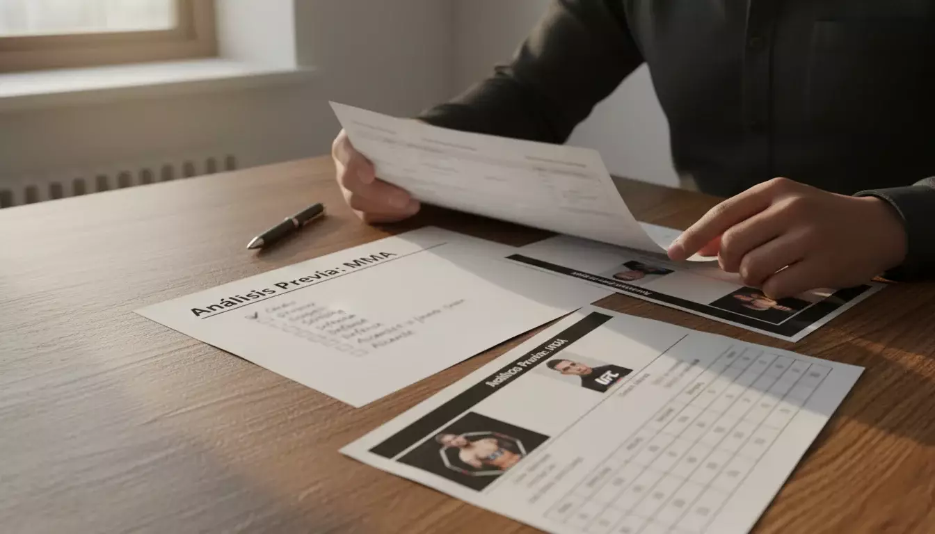 Analista revisando notas y estadísticas de peleadores de MMA antes de un combate