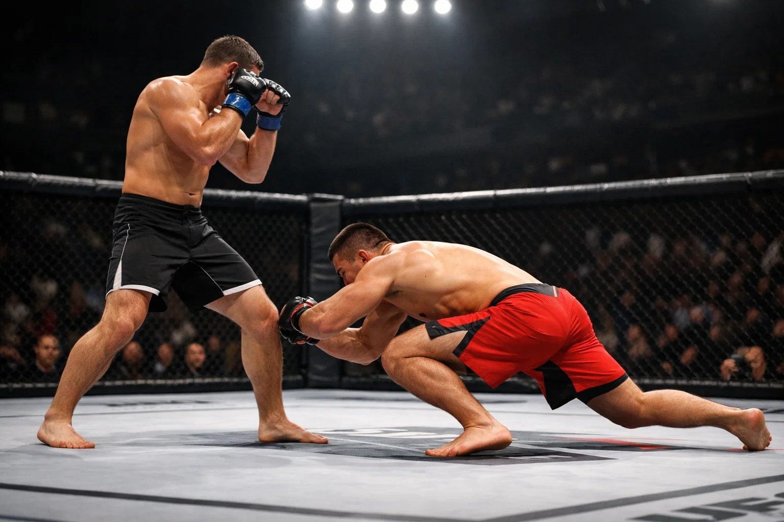 Dos luchadores de MMA en el octágono: uno en posición de striking y otro intentando derribo