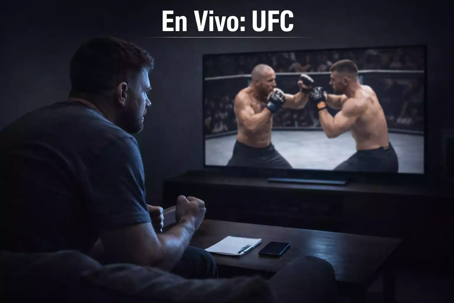 Aficionado viendo un combate de UFC en vivo en una pantalla grande con ambiente de evento deportivo