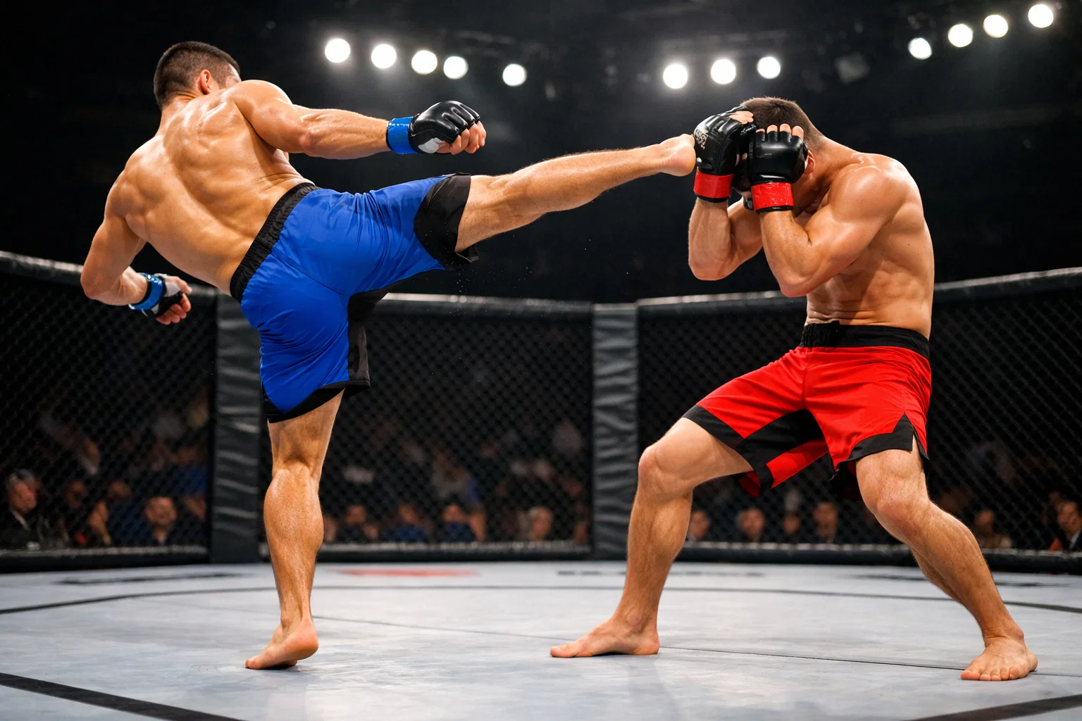 Luchador de MMA ejecutando patada alta contra oponente en posición defensiva