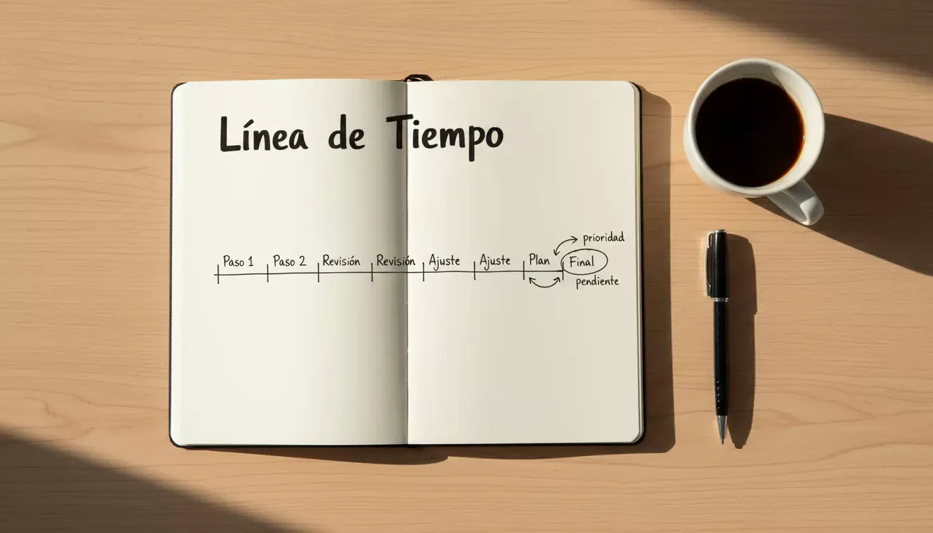 Persona planificando con un bloc de notas y un bolígrafo junto a una línea temporal dibujada