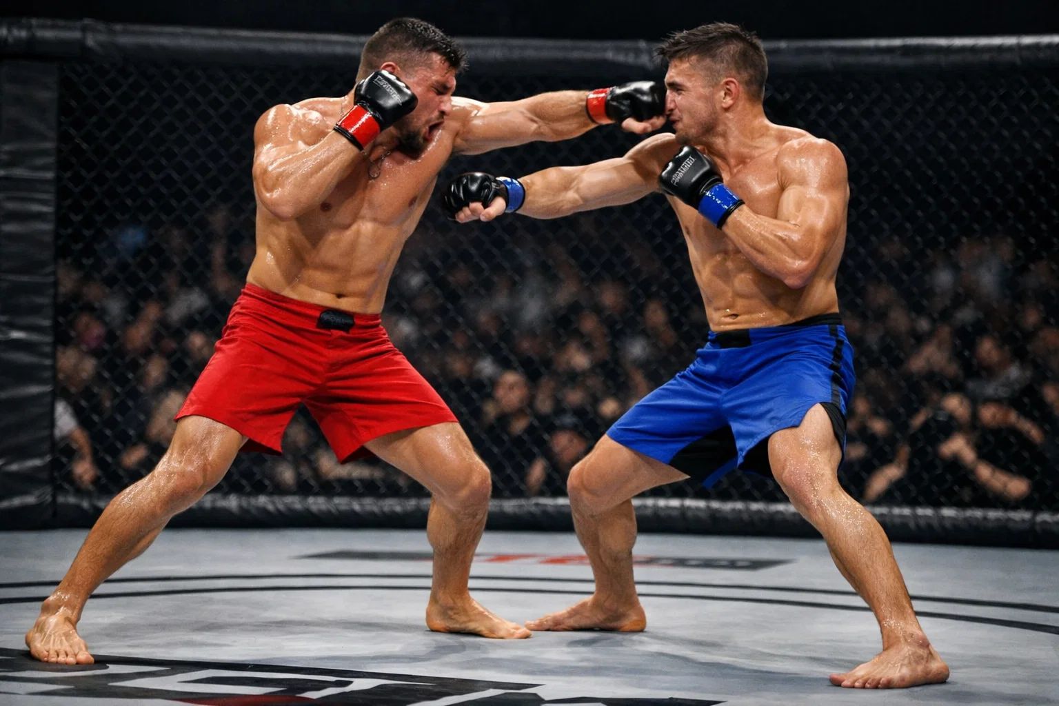 Dos luchadores de MMA intercambiando golpes en el octágono durante combate
