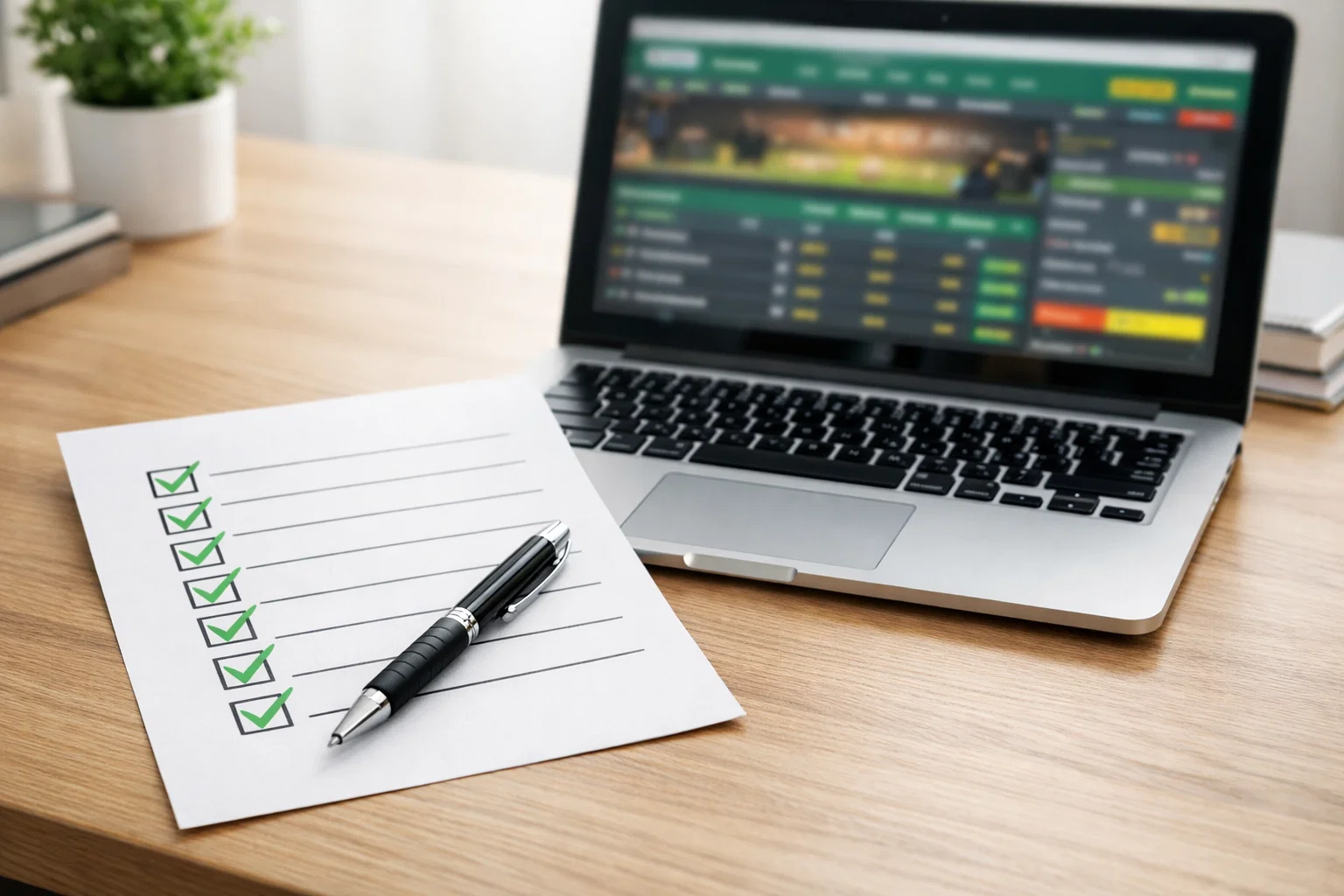 Lista de verificación en papel junto a portátil con página de apuestas
