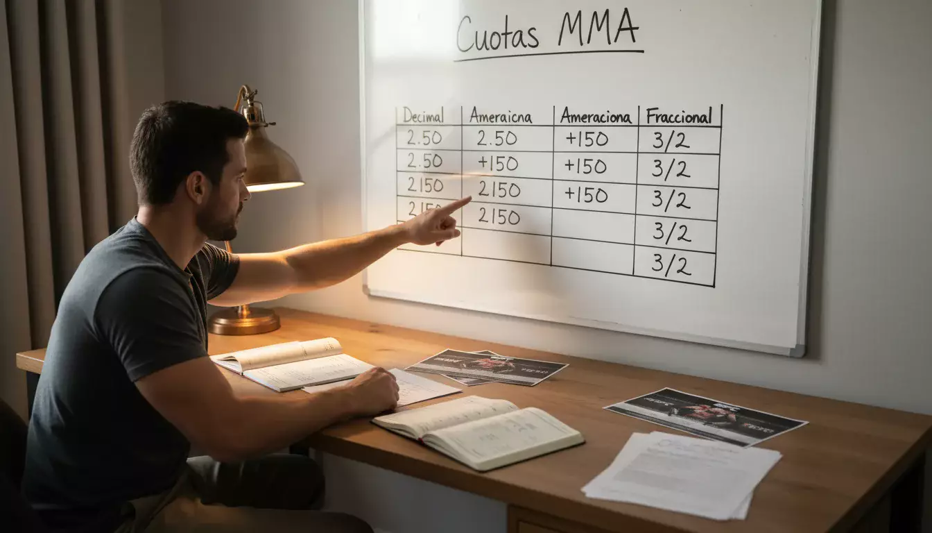 Analista deportivo estudiando líneas de cuotas de MMA en una pizarra con los tres formatos
