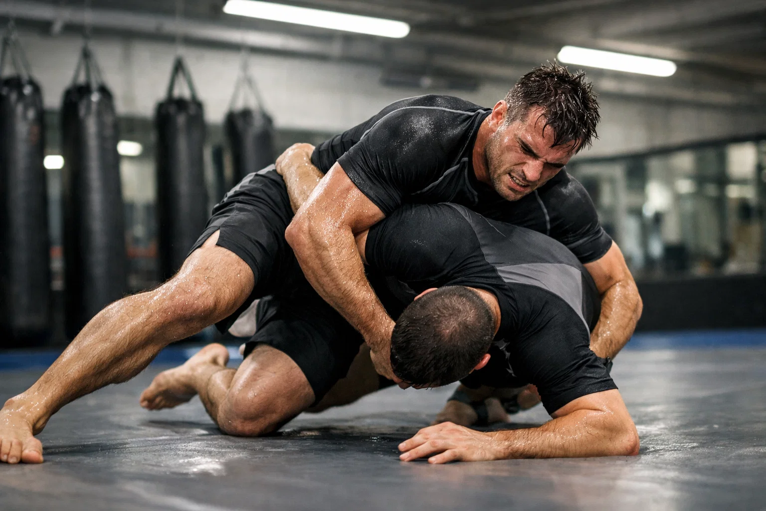 Luchador de MMA entrenando técnicas de agarre en gimnasio