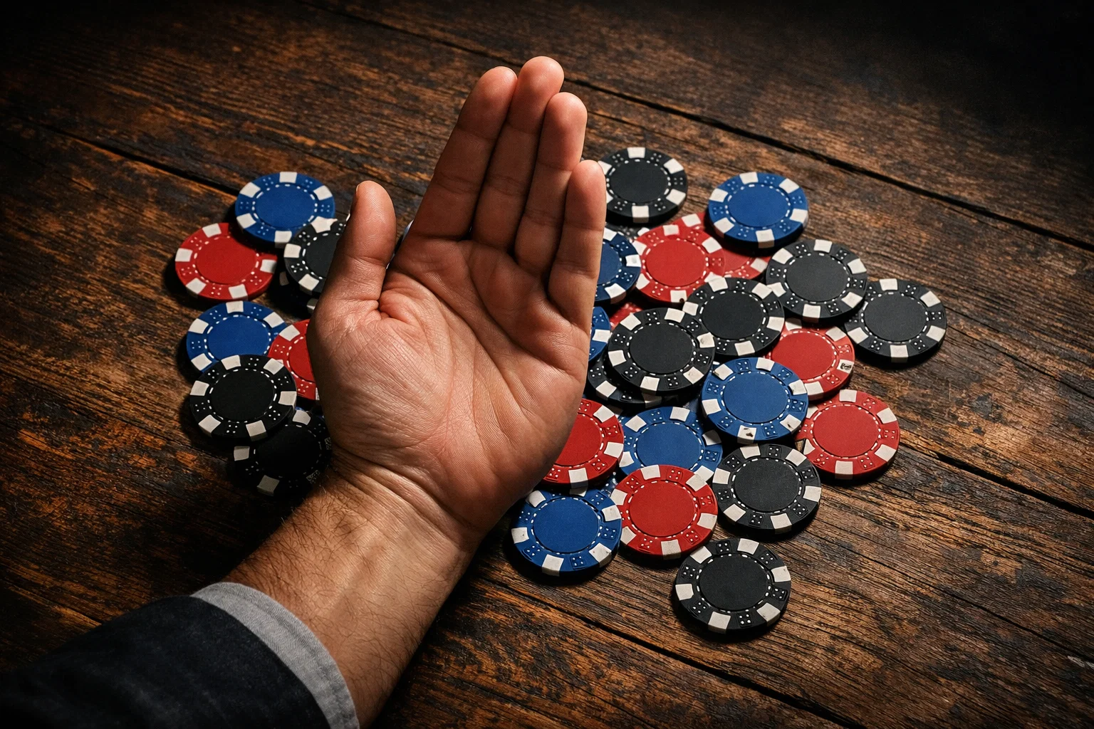 Mano deteniendo fichas de apuestas sobre mesa de madera