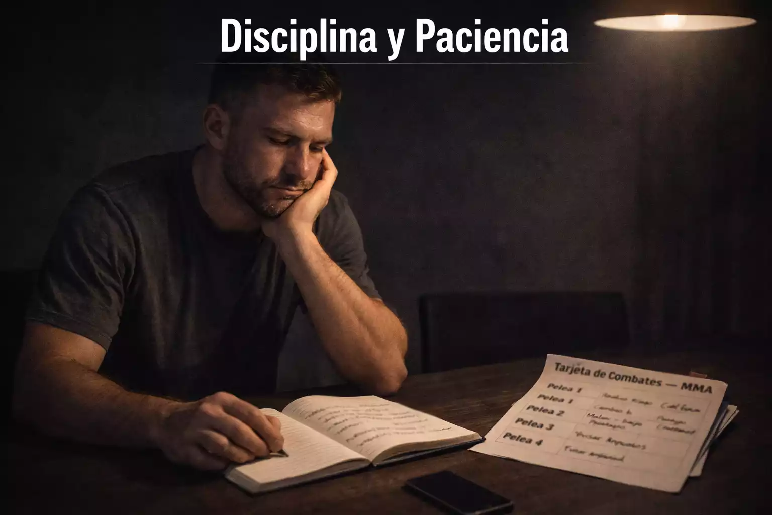 Apostador deportivo reflexionando frente a sus anotaciones de análisis de peleas de UFC