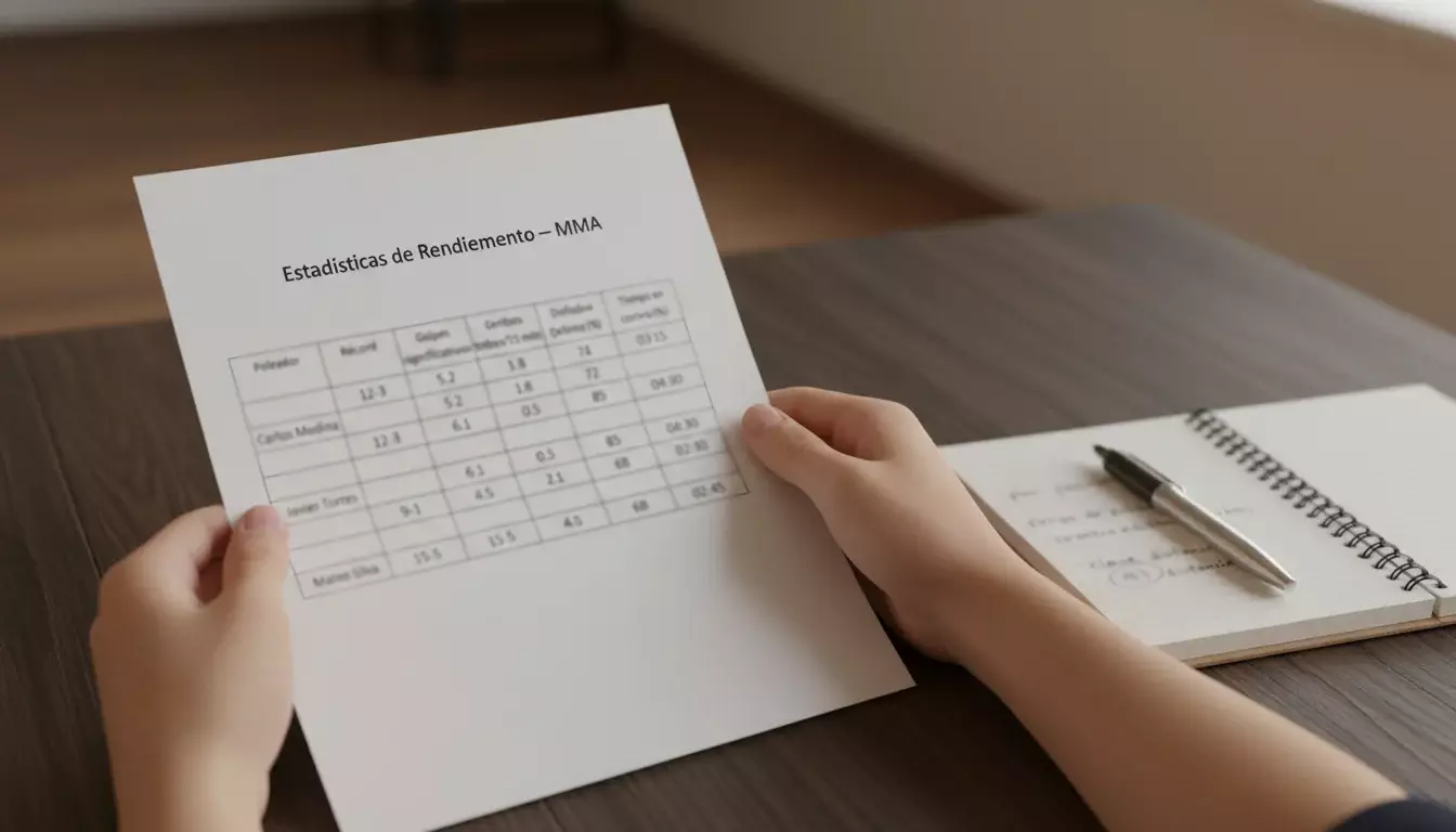 Persona analizando un documento con estadísticas de rendimiento de peleadores de MMA