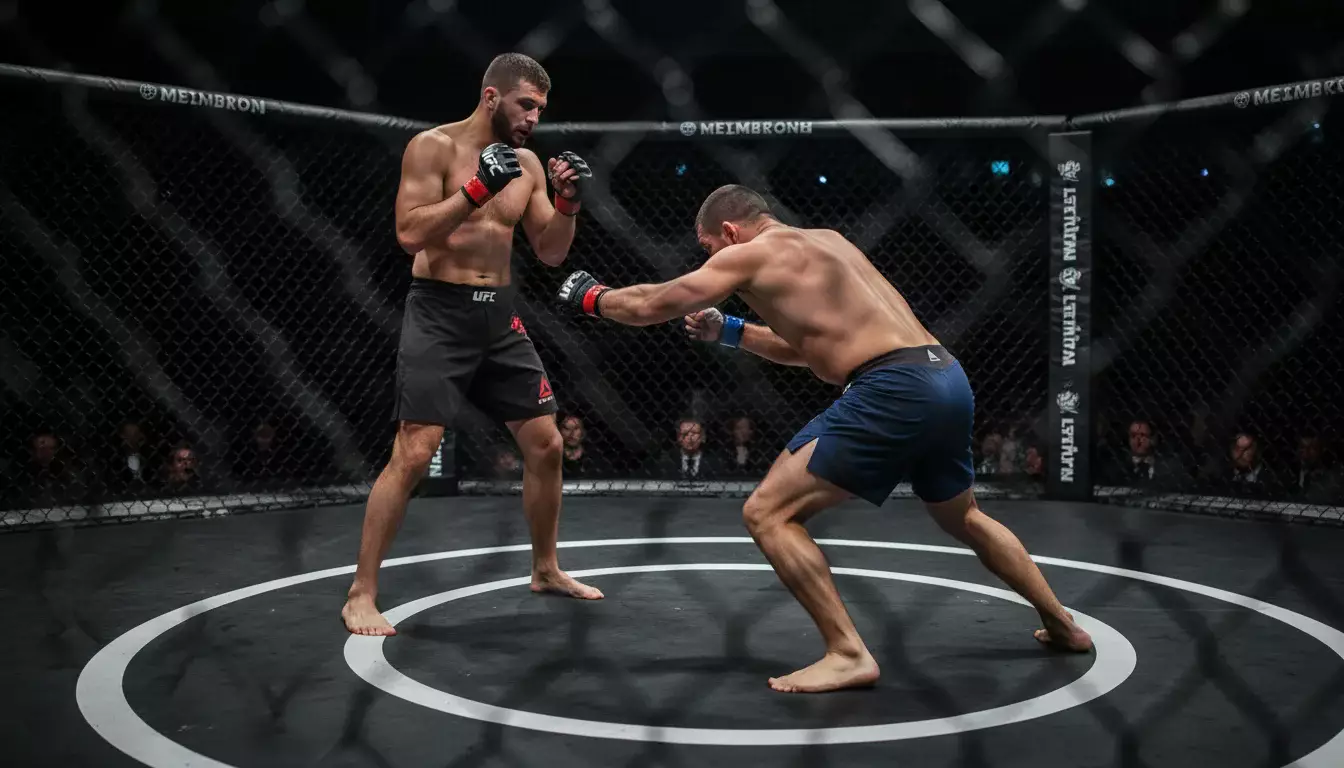 Dos peleadores de MMA en el octágono, uno en guardia de striking y otro preparando un derribo