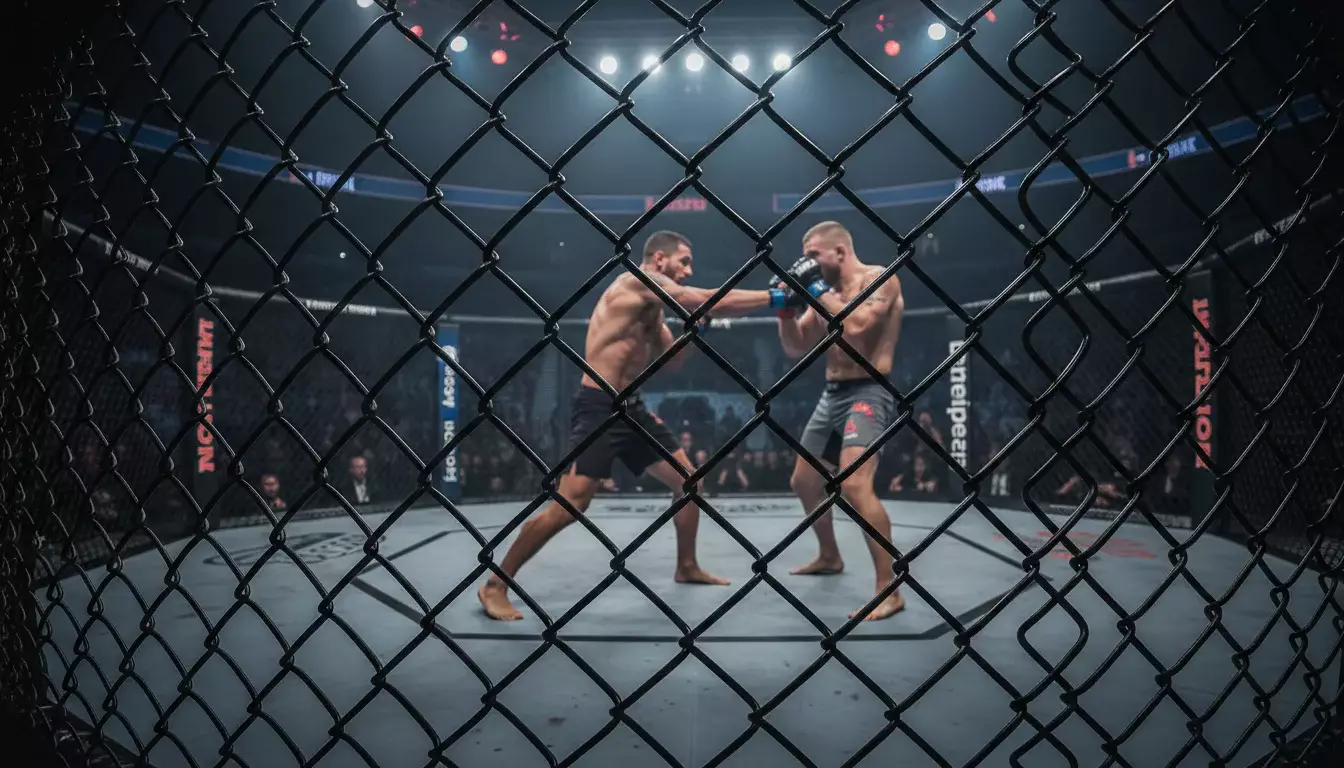 Primer plano de un octágono de MMA durante un combate con público atento en las gradas