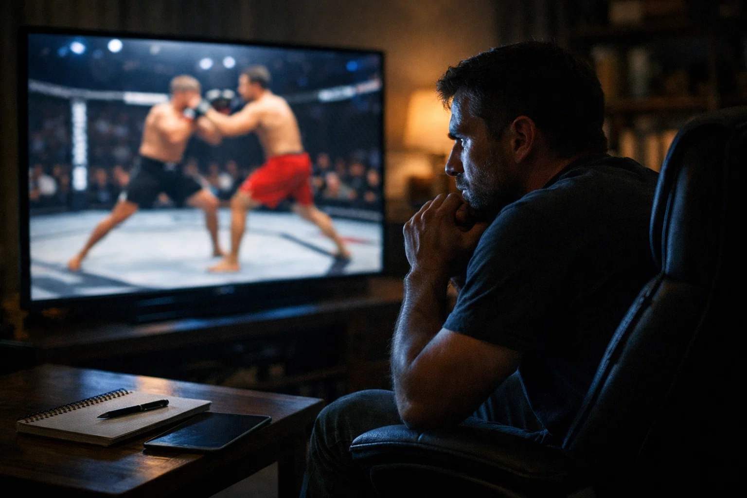 Aficionado concentrado analizando combate de MMA en pantalla grande