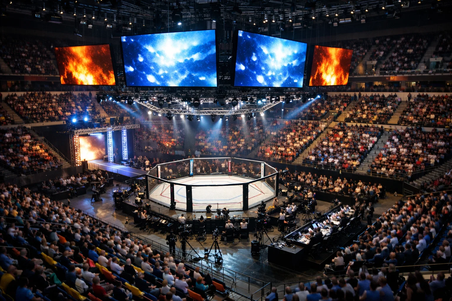 Arena deportiva preparada para evento de UFC con pantallas gigantes