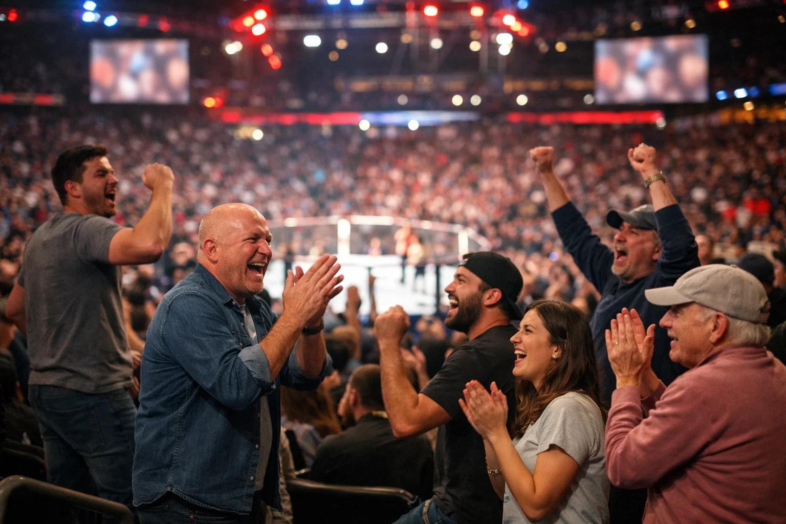 Público emocionado viendo un evento de UFC en vivo en arena