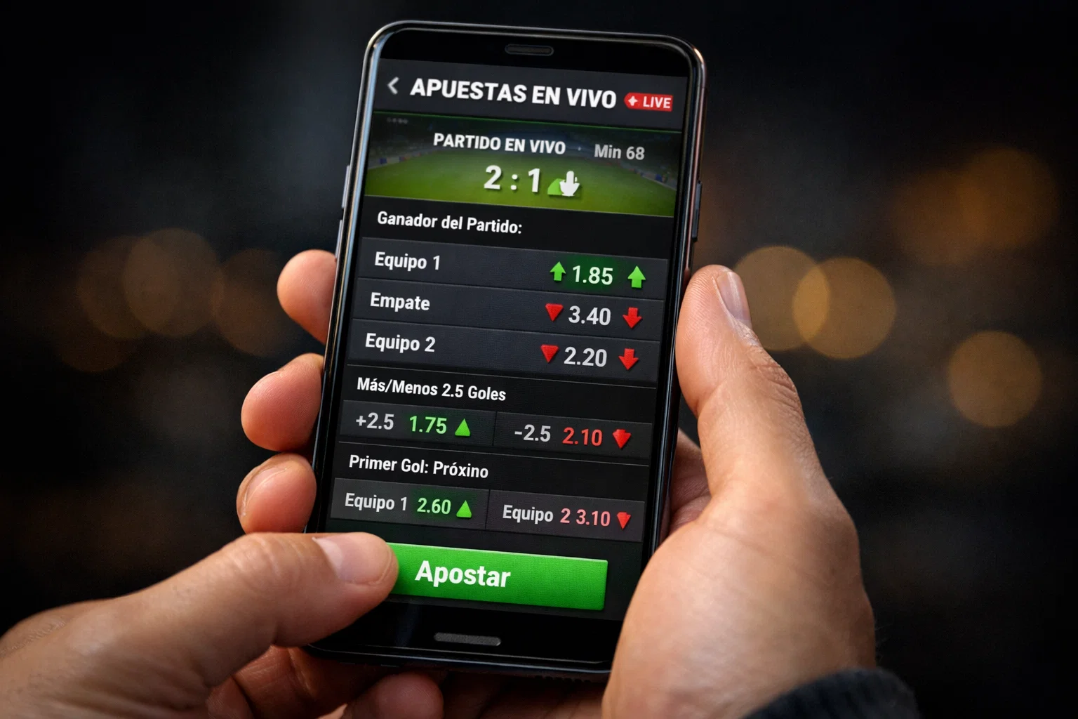 Pantalla de aplicación móvil mostrando cuotas de apuestas en tiempo real