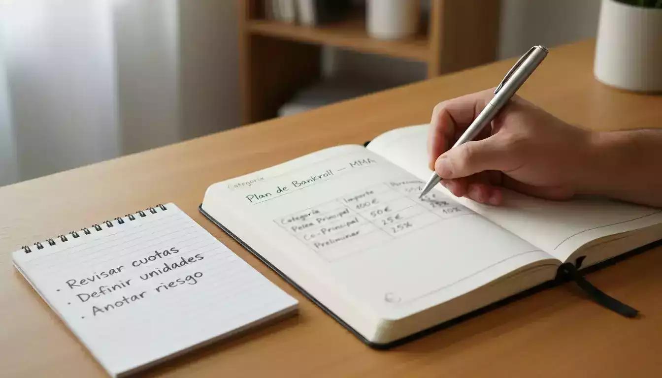 Persona organizando su planificación financiera con un bloc de notas y un bolígrafo en un escritorio