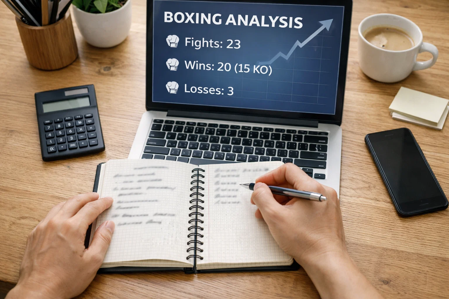 Persona tomando notas en libreta junto a ordenador con gráficos