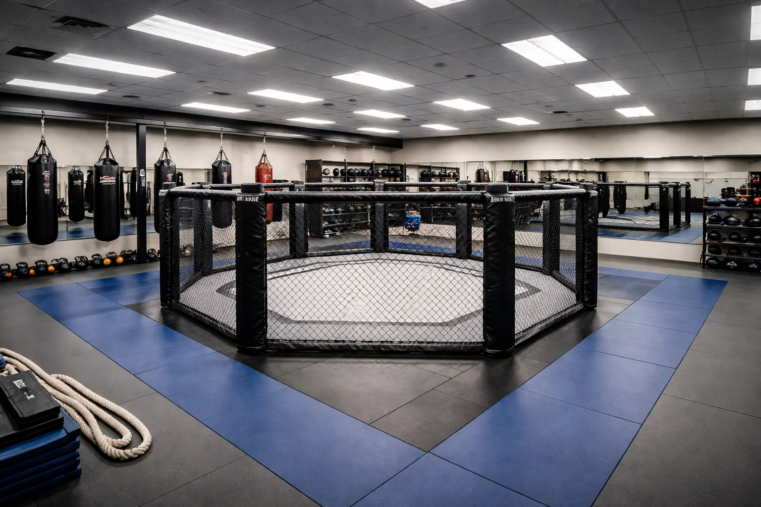 Interior de gimnasio de artes marciales mixtas con ring de entrenamiento