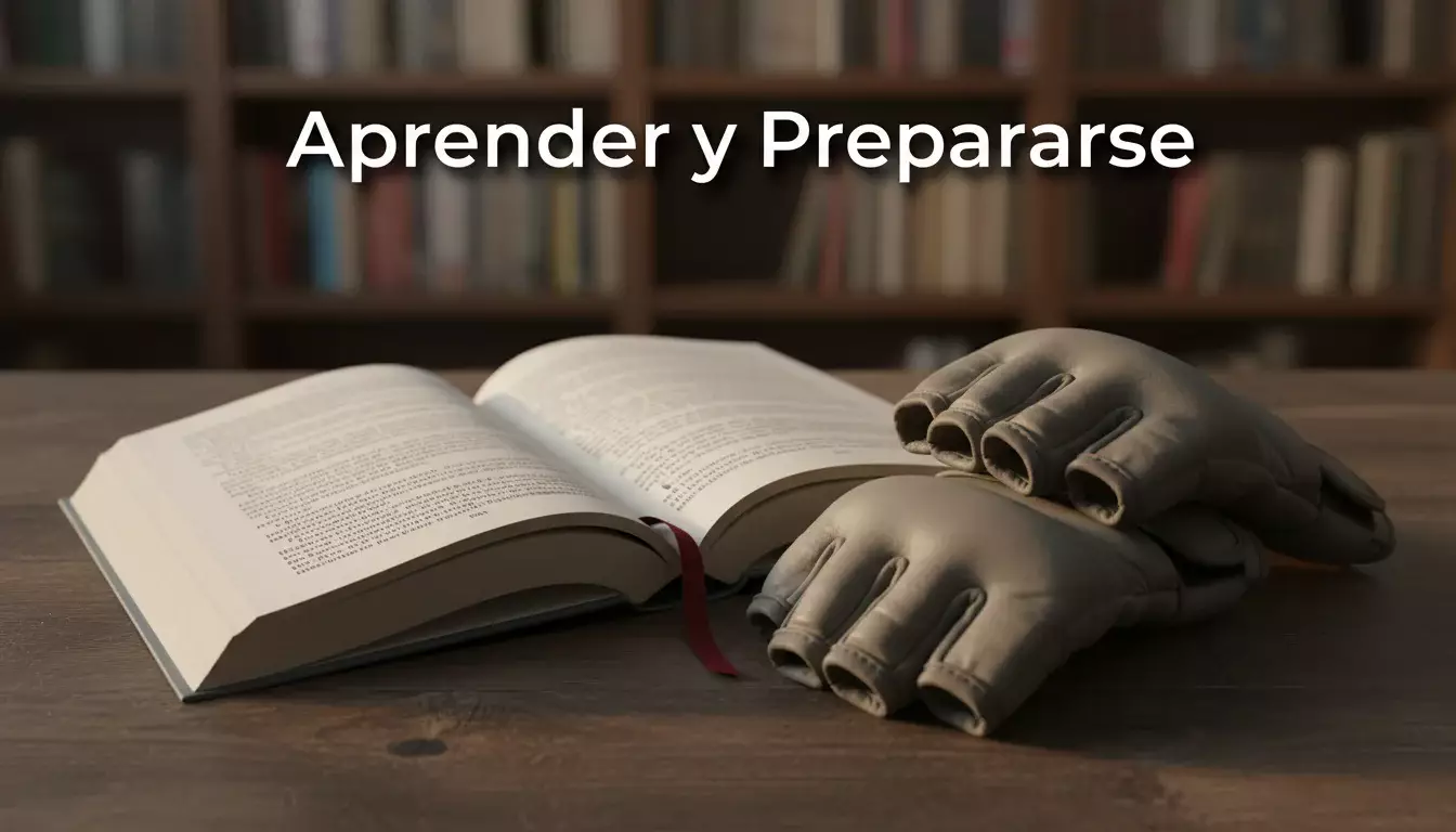 Libro abierto con términos destacados junto a unos guantes de MMA sobre un escritorio