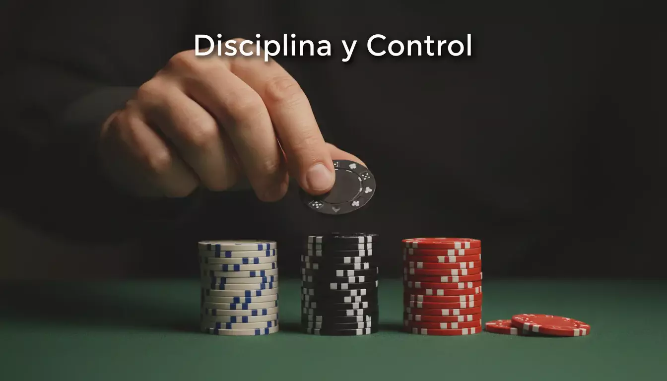 Mano de una persona colocando fichas de póker ordenadas sobre una mesa con gesto calmado