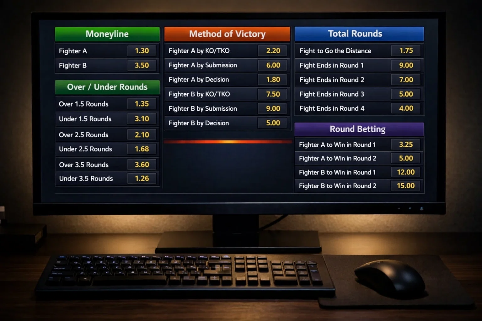 Monitor de ordenador con múltiples mercados de apuestas deportivas activos