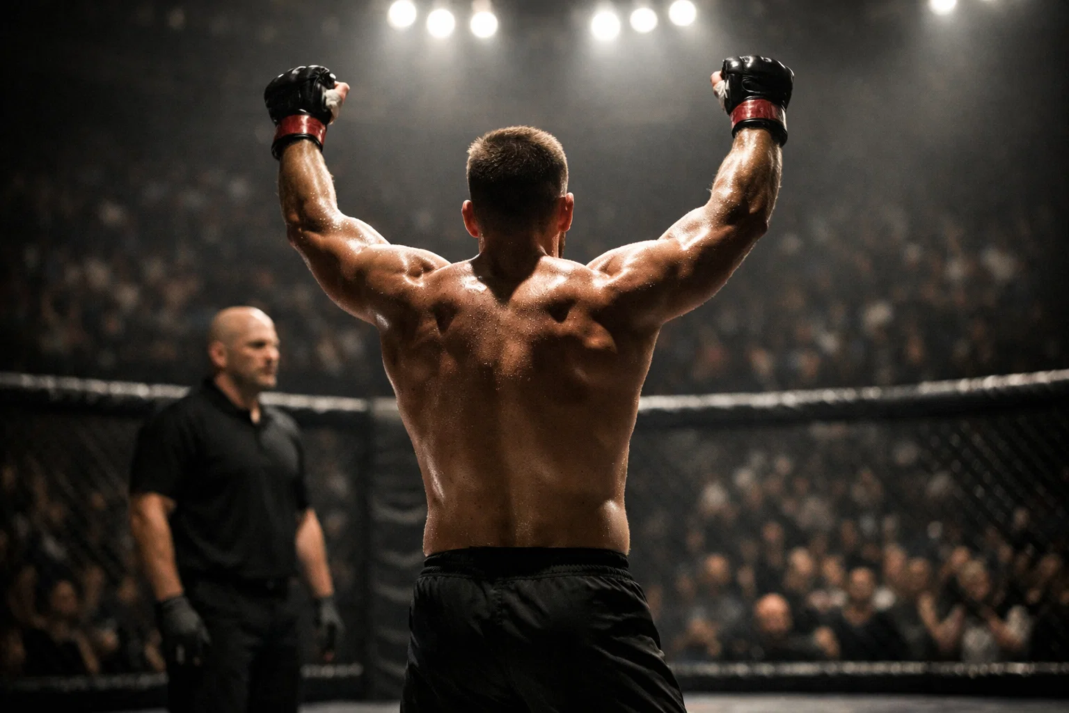 Luchador de MMA celebrando victoria por nocaut en el octágono