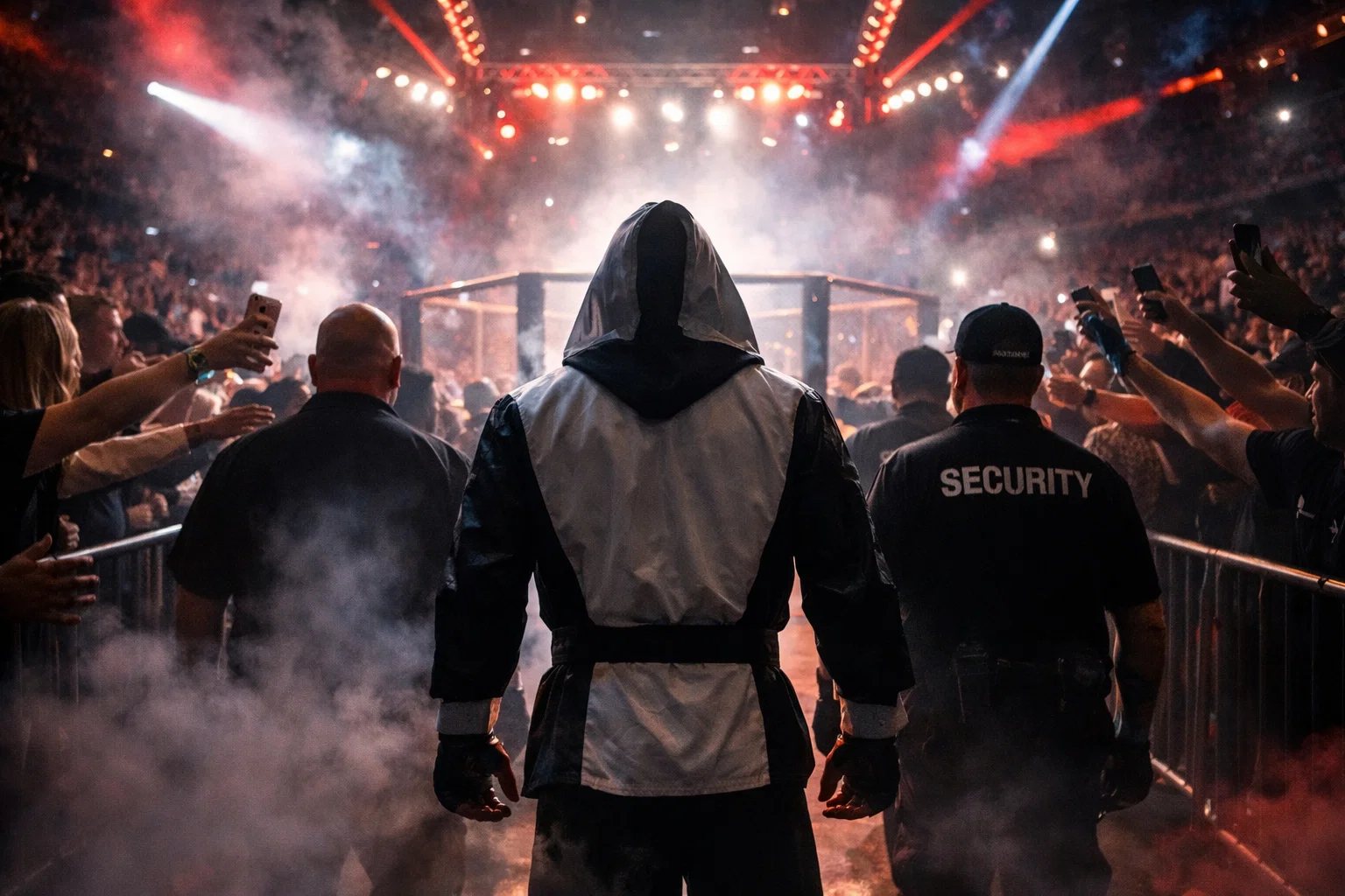Entrada de luchador al octágono de UFC con iluminación espectacular