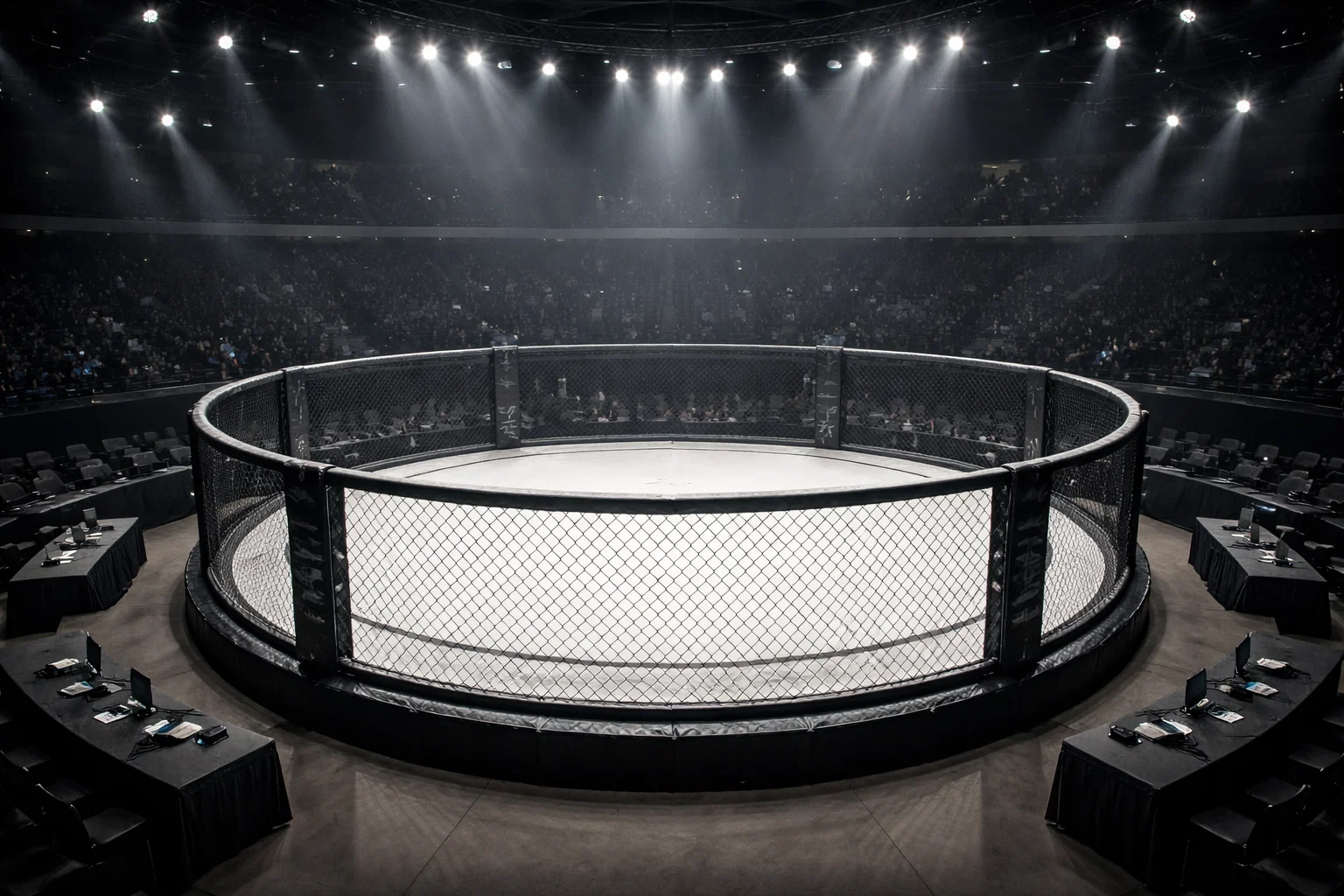 Ring de artes marciales mixtas vacío con iluminación profesional