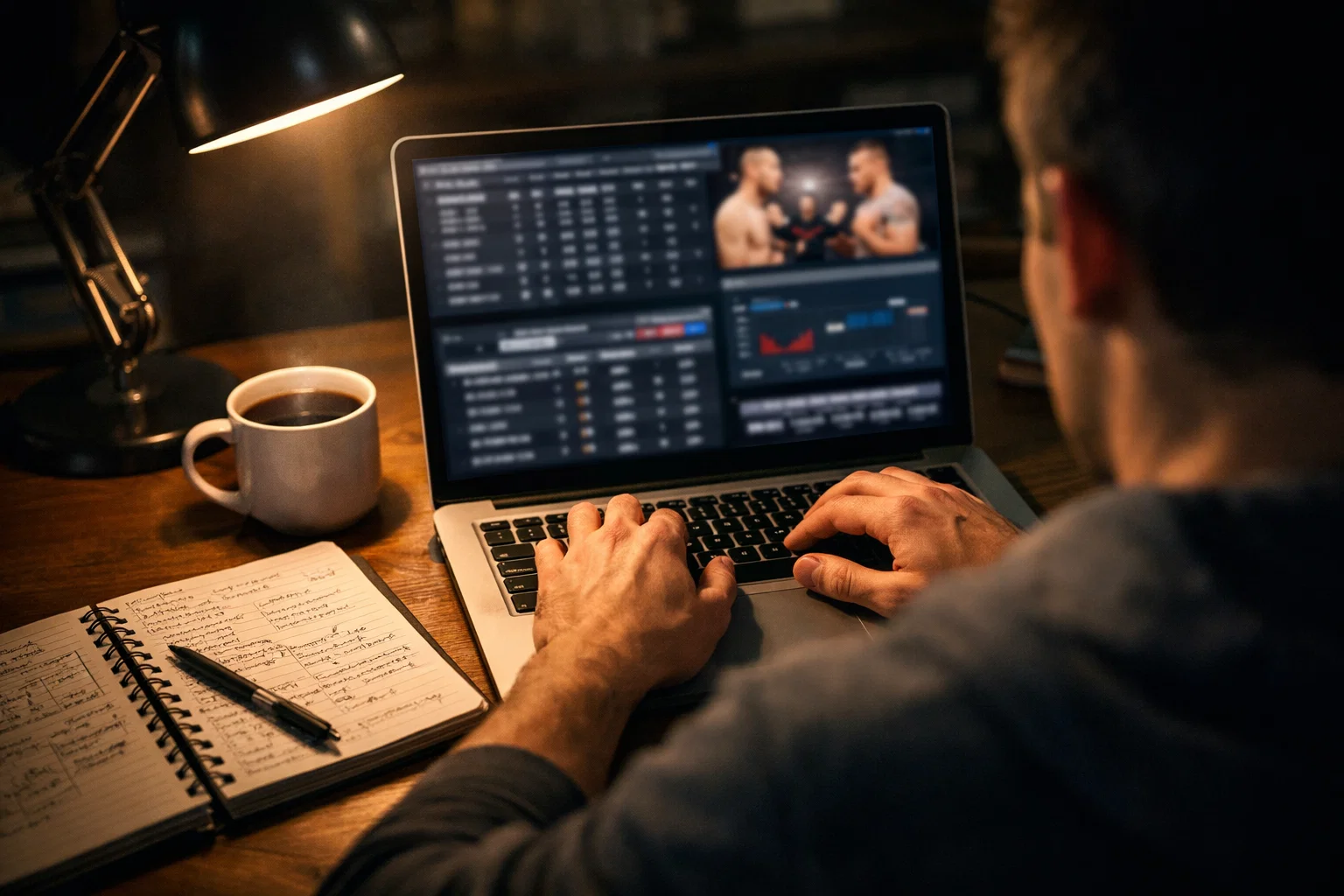 Persona analizando múltiples combates de UFC en su portátil