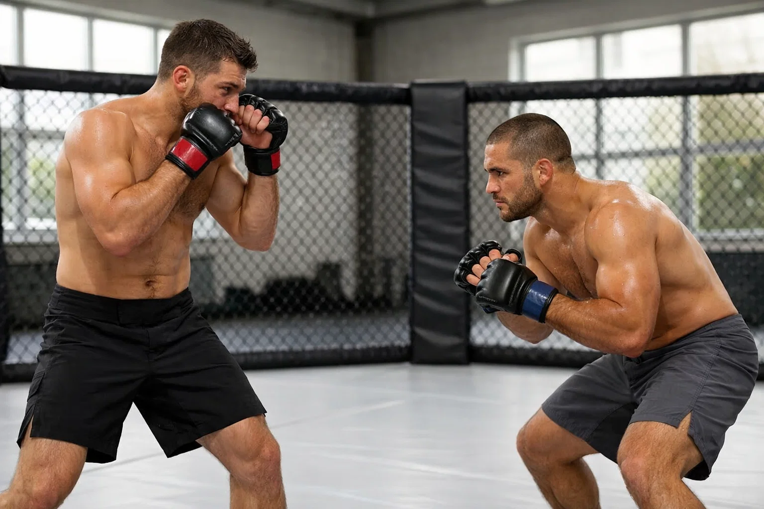 Dos peleadores de MMA en posición de guardia dentro del octágono