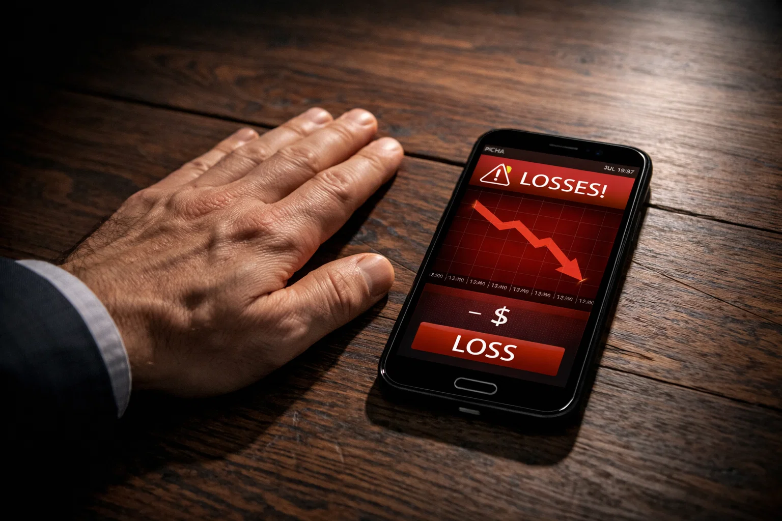 Mano sobre mesa con smartphone mostrando gráfico de advertencia