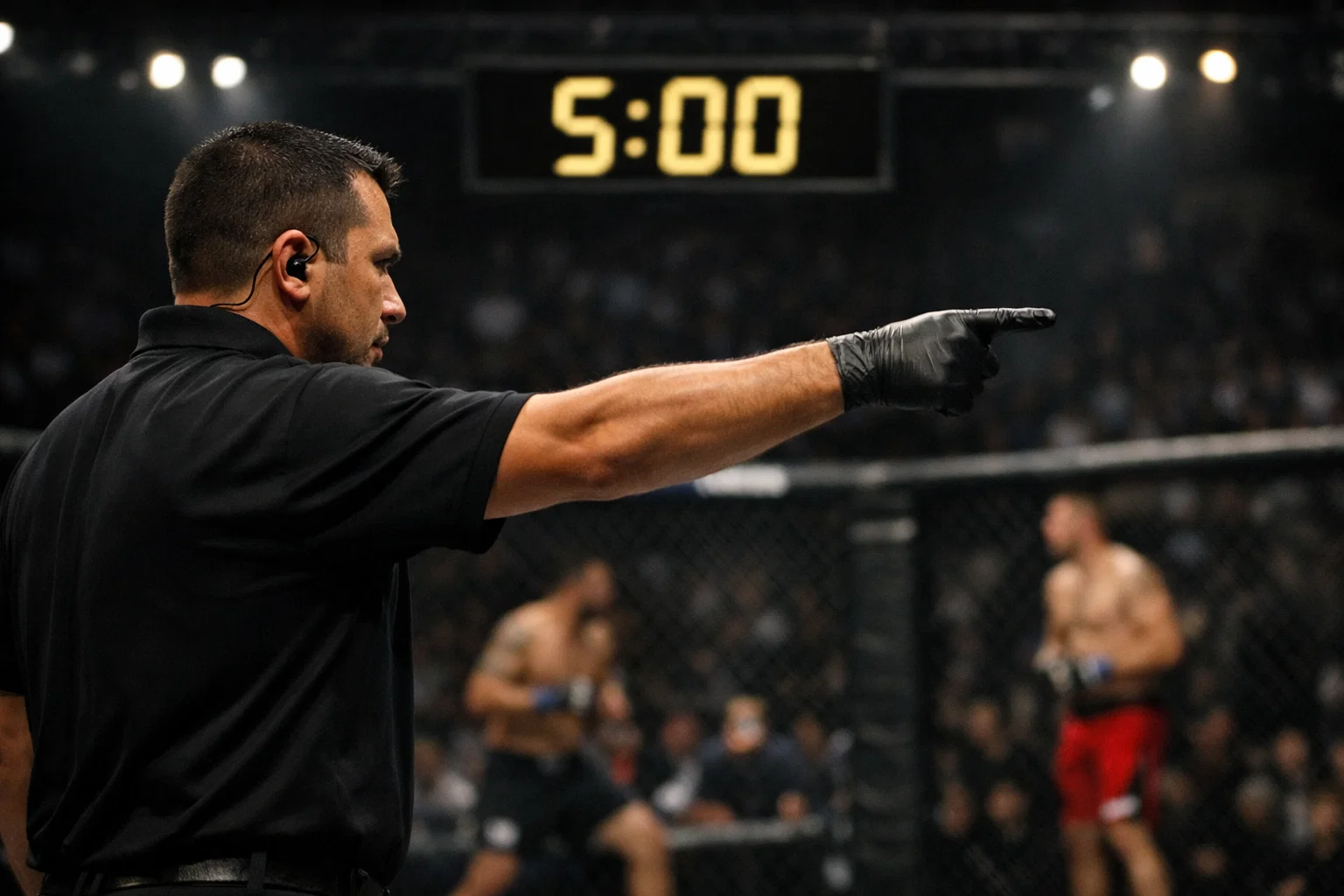 Árbitro de MMA señalando el inicio de un nuevo round