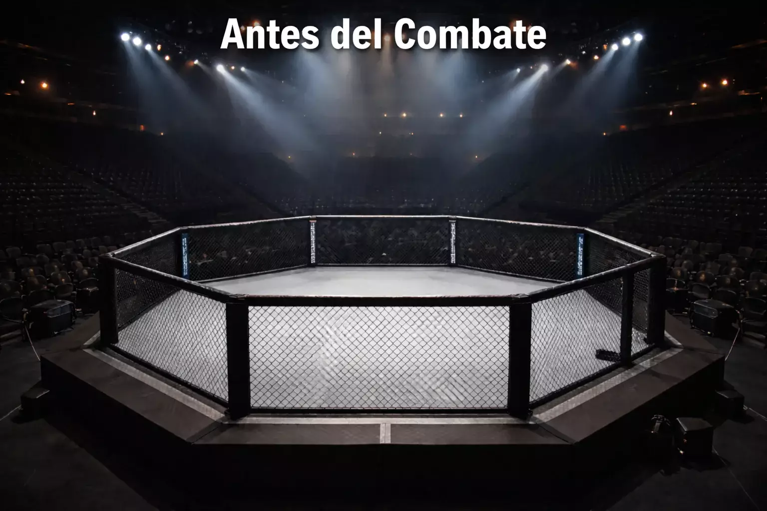 Octágono de UFC vacío iluminado con focos antes de un evento